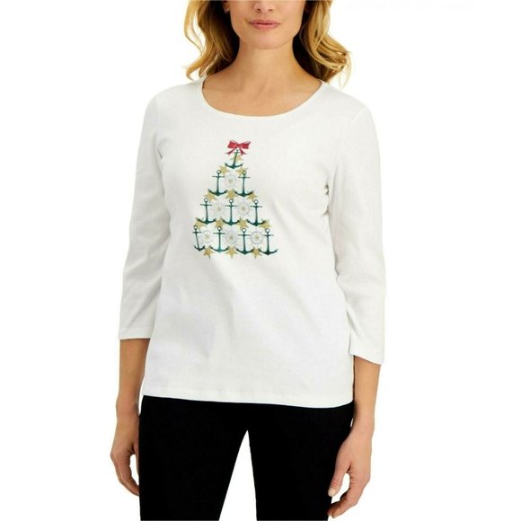 Karen Scott Women Top  3/4 Sleeve Christmas ~ Sparkle Knit Tree Ancors M Holiday - Picture 1 of 5